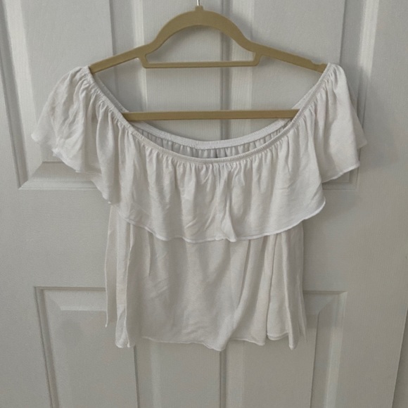Topshop Off The Should White Ruffle Top Sz 10 - Picture 2 of 3